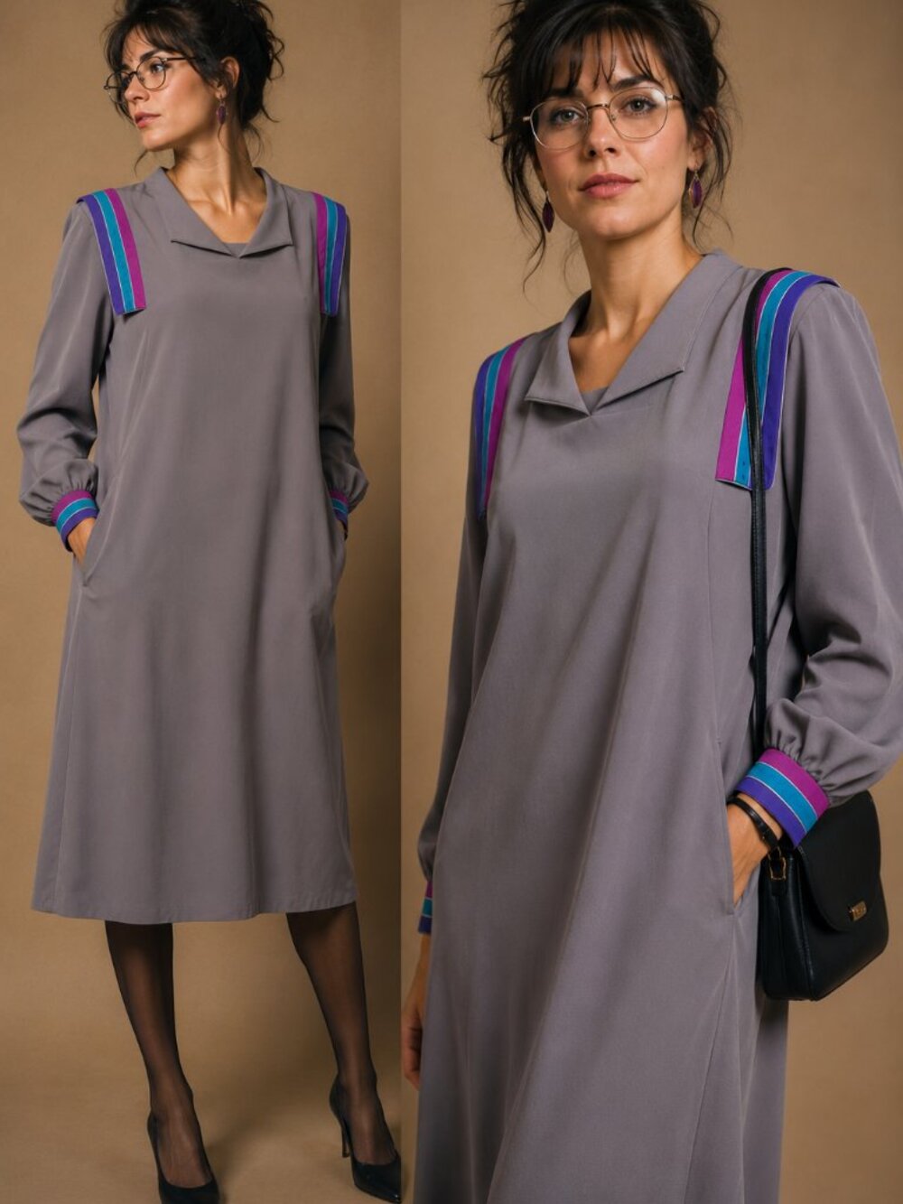 Vintage 1980s Sasson New York Gray Midi Dress Size 14/15 Shoulder Pads Pockets